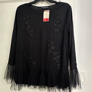 Kim & Cami Black Ruffled Embellished Blouse 3/4 Sleeve